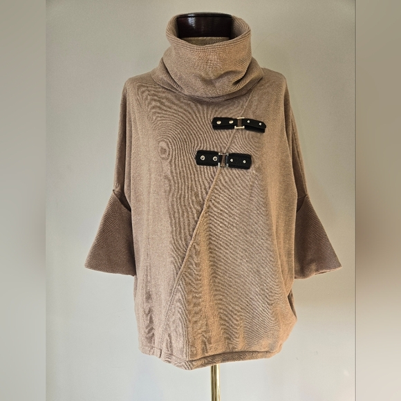 MARBLE Sweaters - MARBLE Light Tan Cotton Cowl Neck Sweater with Faux Leather Buckles. Size Small